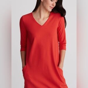 Eileen Fisher Dress Red Organic Cotton V-neck 3/4 Sleeve Pockets Size Small